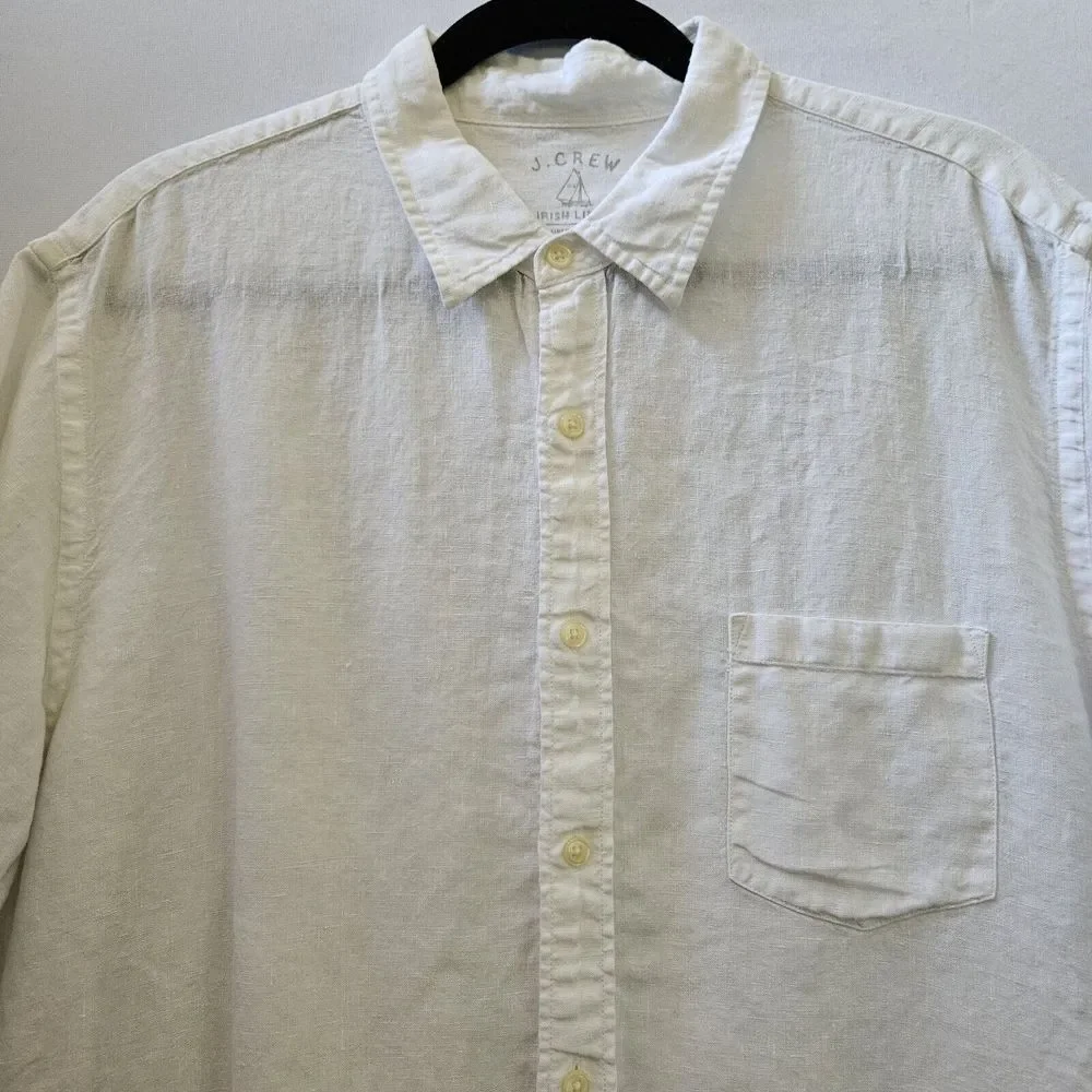 J. Crew Men XL Irish Linen Button Up Short Sleeve Pocket Top Shirt Coastal Beach